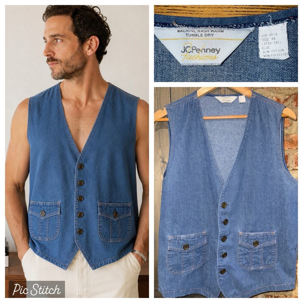 Vintage JCPenney 70s Denim Vest Tall 38 Classic Western Americana Button Groovy